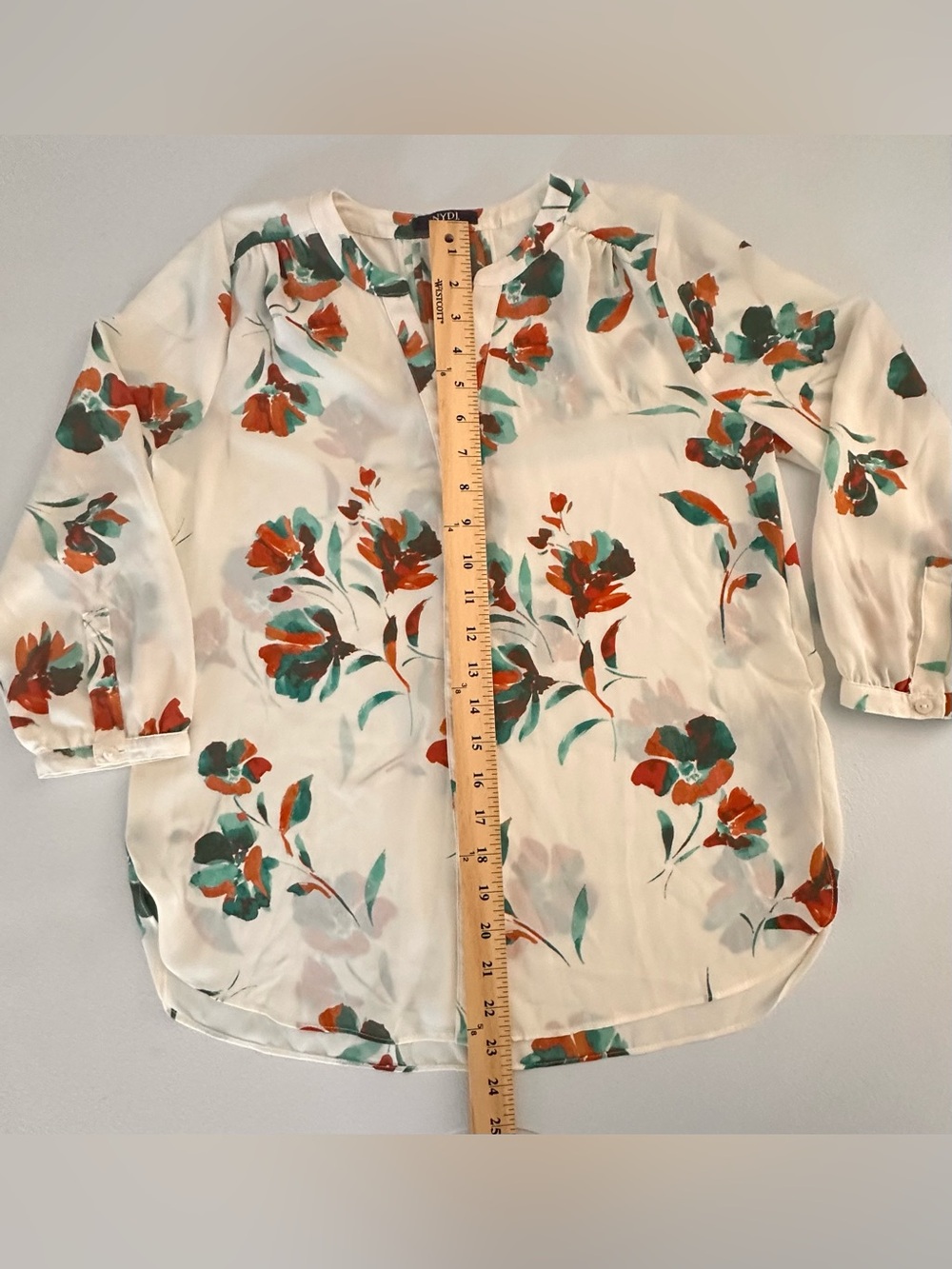 NYDJ Cream Blouse with Red and Green Floral Print - Picture 3 of 6